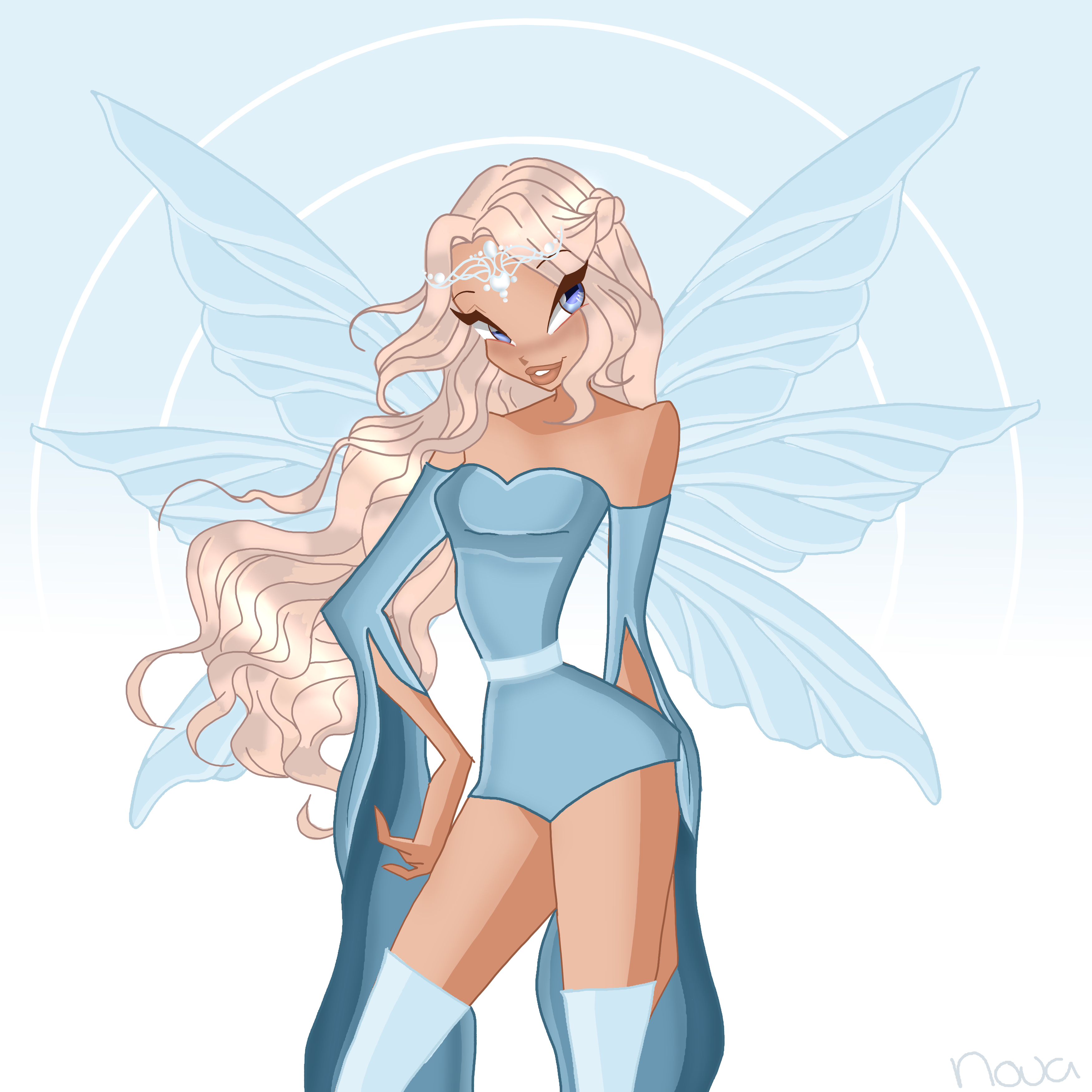 Character illustration wearing blue crop top